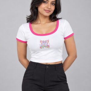 SnapCap Pink Butterfly Ringer Crop Tee butterfly ringer 01 front