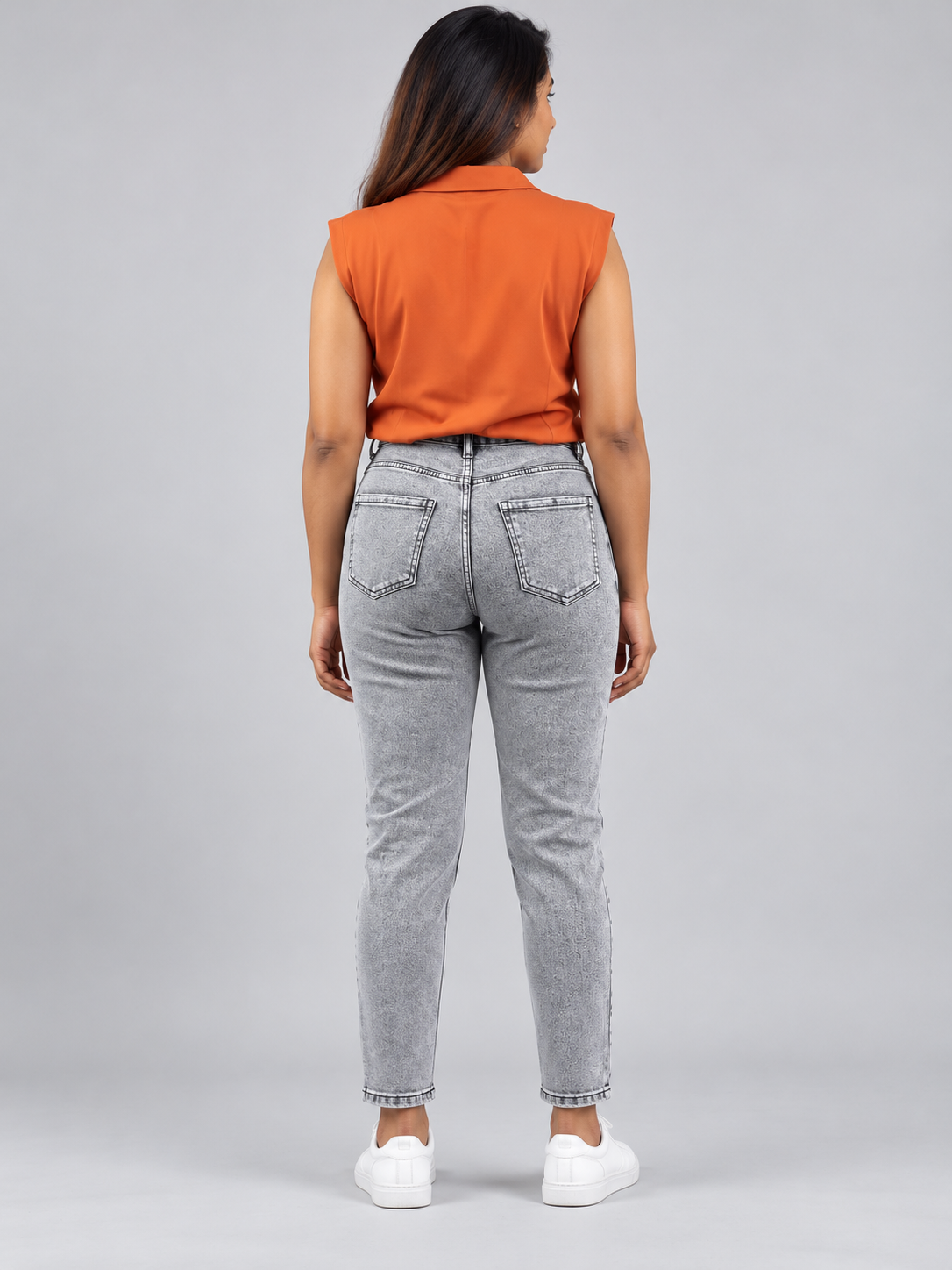SnapCap Ribbed Knit Polo & Acid-Wash Denim Set - Back Back view of SnapCap Burnt Orange Knit Polo and Grey Acid-Wash Denim Set
