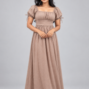 Front view of SnapCap Cottagecore Ruched Puff-Sleeve Maxi Dress in Mocha Taupe Linen