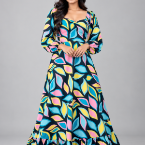 Front view of SnapCap Botanical Abstract Sweetheart Neck Puff-Sleeve Maxi Dress