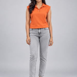 Front view of SnapCap Burnt Orange Knit Polo and Grey Acid-Wash Denim Set