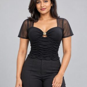 SnapCap Ruched Mesh-Sleeve Sweetheart Top mesh ruched 01 front