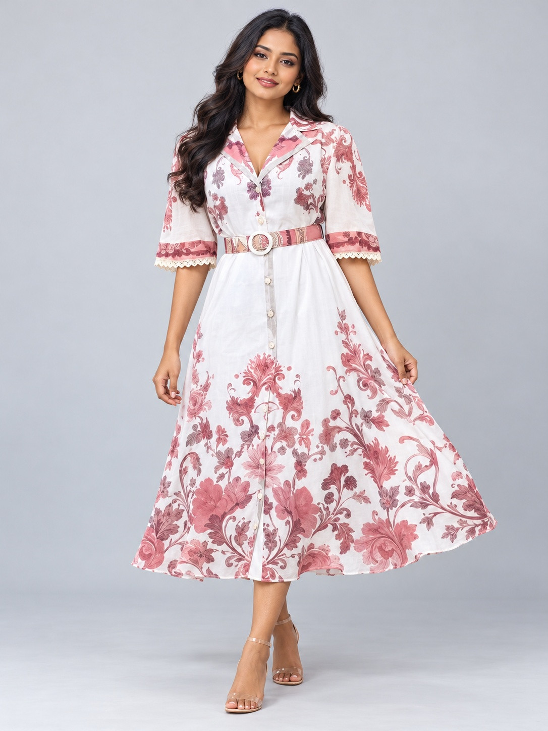 SnapCap Vintage Rose Belted Midi Shirt Dress - Front nkaxk4r.jpg