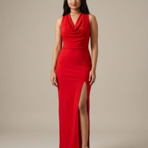 Front view of Scarlet Red Cowl-Neck Evening Maxi Dress with thigh slit